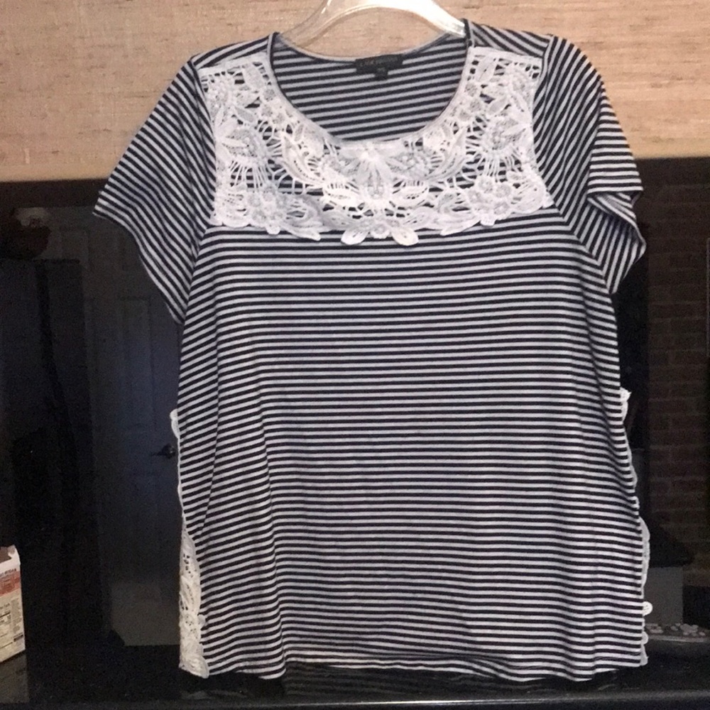 Lane Bryant black and white striped blouse with lace collar and sides